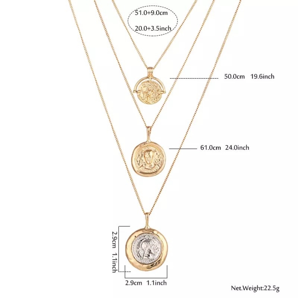 Triple chain necklace with coin pendant - Picture 3 of 7